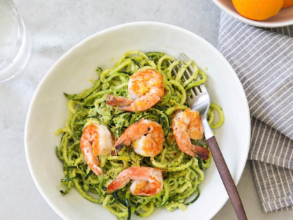 Zucchini Noodles with Avocado Pesto and Prawns